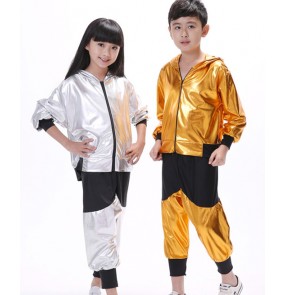 Silver gold glitter paillette leather boys kids girls long sleeves children party school play stage performance jazz ds hip hop dancing outfits costumes dancewear